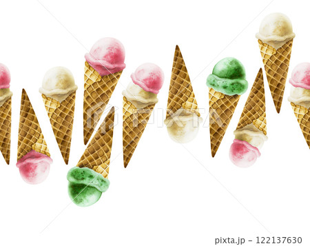 Seamless border, banner with scoops of strawberry, raspberry, mint, pistachio, apple, milk, chocolate, vanilla ice cream and crispy waffle cone. Hand painting sweet watercolor illustration isolated on 122137630