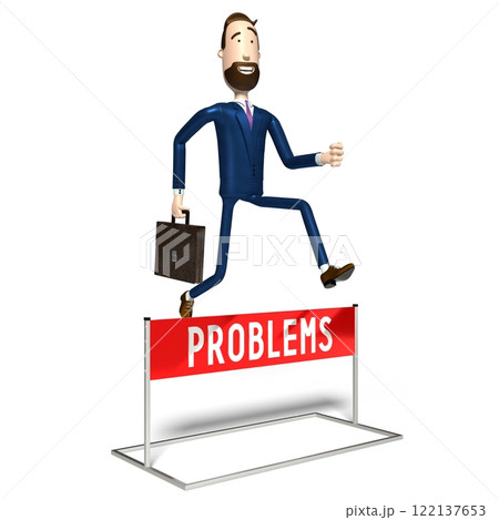 Hipster cartoon character businessman jumps over an obstacle - problems concept - 3D illustration 122137653