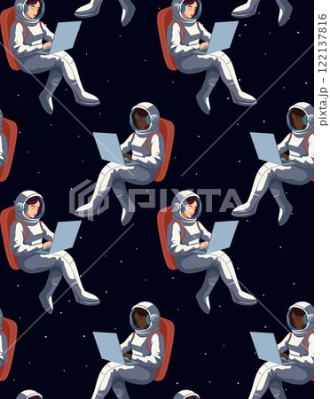 Vector seamless pattern with African and European women astronauts with laptop in weightlessness. Texture with spacewomen in cosmos. Freelance work. 122137816