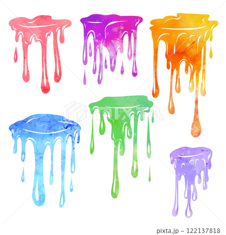 Vector set of watercolor paint drops with flowing down drops in cartoon style isolated from background. Color collection of sticky dye stains 122137818