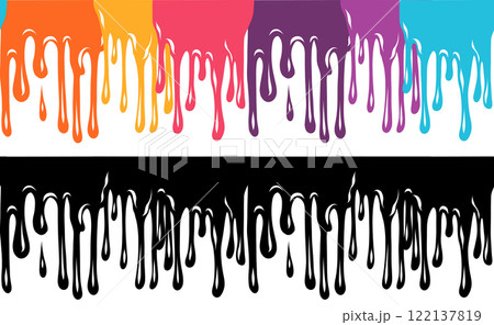 Set of horizontal border with colorful and monochrome paint drips flows down. Frieze with sticky dye. Collection pour liquid dye in cartoon style 122137819