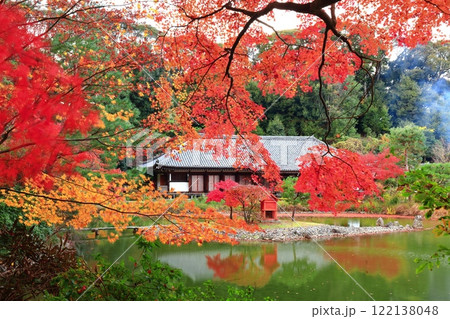 【京都府】晴天の浄瑠璃寺庭園の本堂と紅葉 122138048