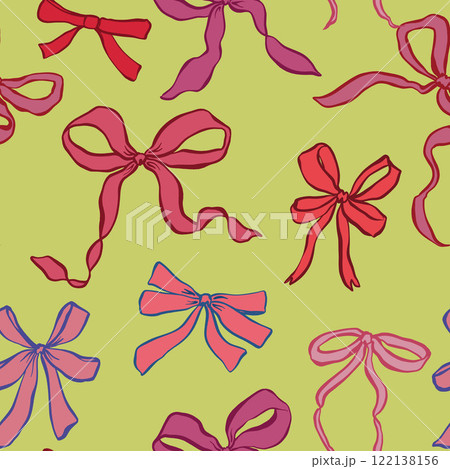 Vector red and pink bows seamless pattern. Hand-drawn gift bow isolated on yellow background. Holiday illustration for design, print, fabric or background. 122138156