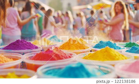 Stalls overflow with colorful Holi powders as people celebrate, smiling and choosing their paints 122138186