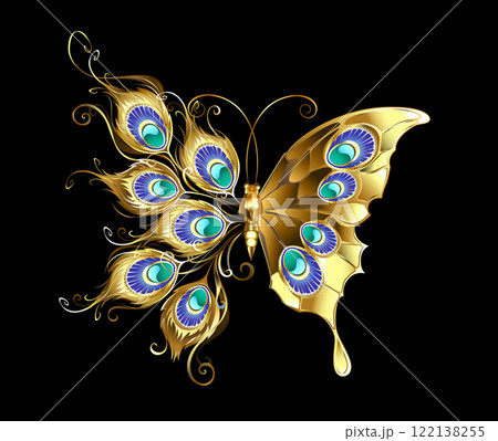 Gold butterfly with peacock feathers 122138255