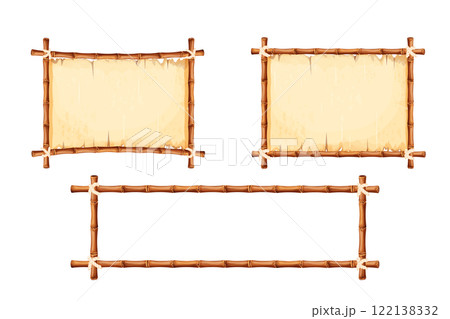 Set Bamboo frames with old parchment paper decorated with rope in cartoon style isolated on white background. Game ui board, sign Set Bamboo frames with old parchment paper decorated with rope in cartoon style isolated on white background. Game ui board, sign 122138332