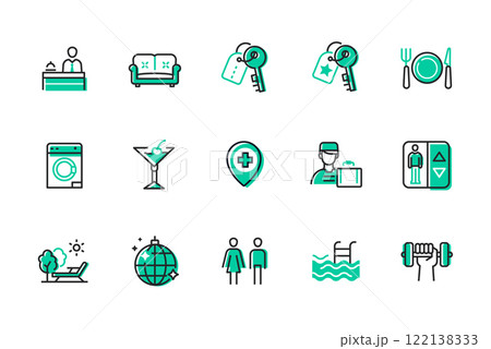 Relaxation at the hotel - set of line design style icons Relaxation at the hotel - set of line design style icons 122138333
