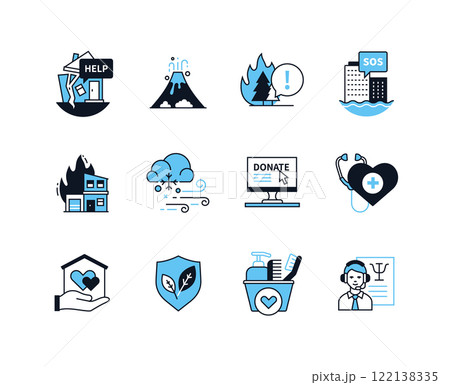 Natural disasters and cataclysms - line design style icons set Natural disasters and cataclysms - line design style icons set 122138335