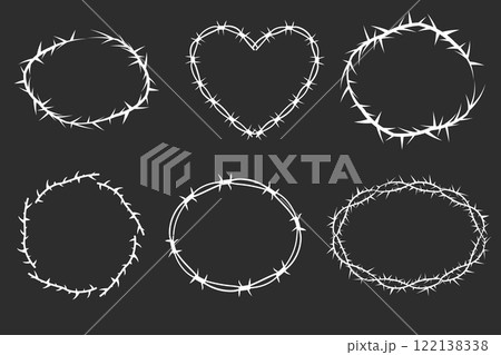Thorn stem vine plant with spikes simple border frame oval y2k creepy branch. Barbed wire tattoo. Boundary frame.  122138338