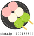黒いお皿に乗った優しい色合いの三色団子 122138344