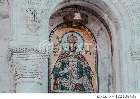 Belgrade, Serbia- 10162024: The Temple Of Saint Sava indoor interior, people pray in an Orthodox church, frescoes on the ceilings and walls of the church 122138438