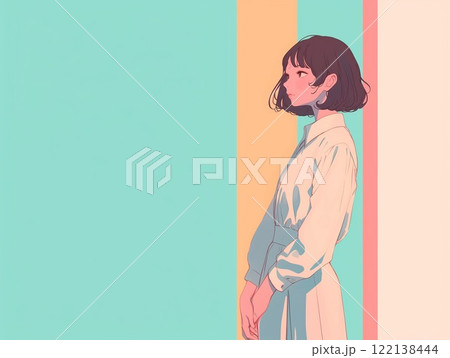 パステルカラーの背景に佇む若い女性の横顔を描いたシンプルなイラスト 122138444