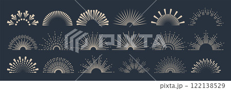 Sunbursts firework explosion, bursting or light rays, linear drawing and borders collection. Vector trendy hand drawn retro isolated design elements 122138529