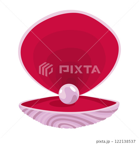 Pearl in seashell. Open seashell scallop and pearl shell icon. Beautiful pearl in clam shell in cartoon flat style. Vector illustration isolated on white background Pearl in seashell. Open seashell scallop and pearl shell icon. Beautiful pearl in clam shell in cartoon flat style. Vector illustration isolated on white background 122138537