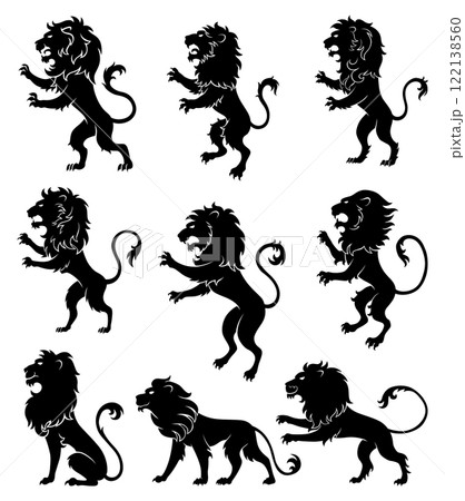 Set of heraldic lions silhouette. Black lion in flat style. Heraldic icons, symbols and design elements isolated on white background. Vector illustration 122138560