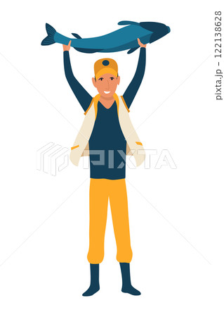 Cartoon men fishing. Male fishermen character with fishing rods on lake, summer catching process, men hobby recreation, leisure time, vector Cartoon men fishing. Male fishermen character with fishing rods on lake, summer catching process, men hobby recreation, leisure time, vector 122138628