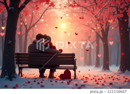 Drawing Valentine's Day concept, evening in the park on a bench in a romantic atmosphere, surrounded by hearts. Love, couple, lovers 122138687
