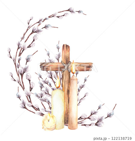 Burning candle with wooden Cross against of pussy willow branches. Religious Easter circle composition. Watercolor hand drawn illustration on isolated background for First communion, baptism card Burning candle with wooden Cross against of pussy willow branches. Religious Easter circle composition. Watercolor hand drawn illustration on isolated background for First communion, baptism card 122138719