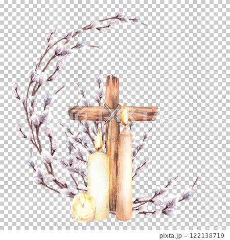 Burning candle with wooden Cross against of pussy willow branches. Religious Easter circle composition. Watercolor hand drawn illustration on isolated background for First communion, baptism card 122138719