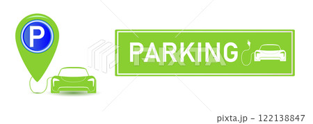 Car parking eco electric icon set. Parking and traffic signs isolated on white background. Map parking pointer. Vector 122138847