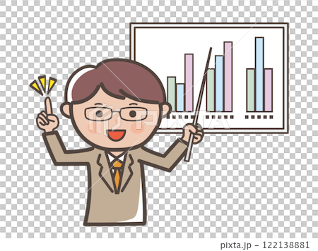 プレゼンでポイントを説明する眼鏡をかけた男性ビジネスマンのイラスト プレゼンでポイントを説明する眼鏡をかけた男性ビジネスマンのイラスト 122138881