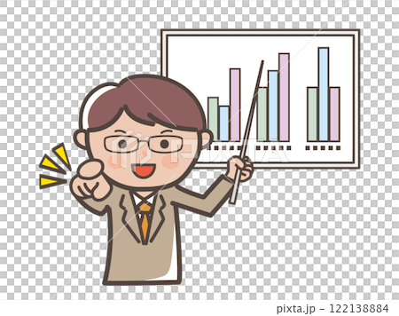 一位戴著眼鏡的男性商人在演示期間指著的插圖 122138884