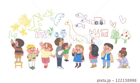 色鉛筆で描いた子供が壁に落書きをしているイラスト 122138998