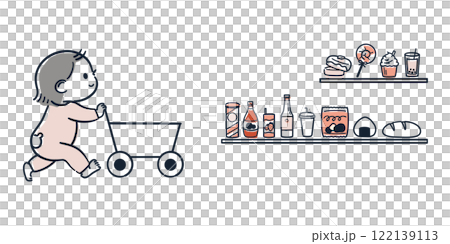 一個幼兒推著購物車的簡單可愛的插圖 122139113