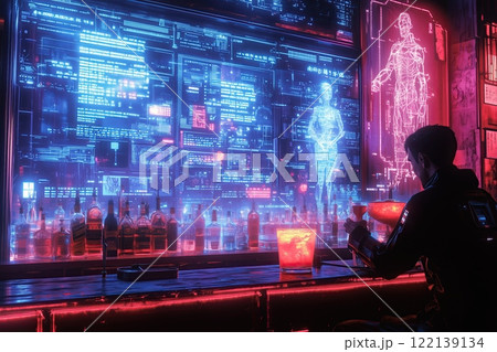lone investigator sitting in a futuristic bar, surrounded by holograms of long-forgotten cases, while a bartender with robotic arms pours a glowing drink 122139134