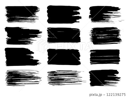 Vector paint brush set. Black ink grunge brush strokes. Grunge design elements. Painted ink stripes. Creative isolated spots. Ink smudge, abstract shape stains and smear set 122139275