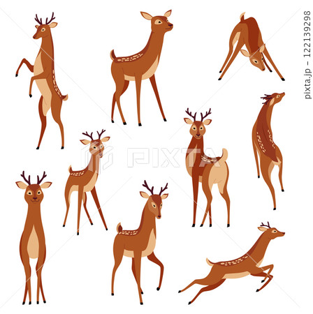 Deer animal icon set. Cute spotted forest deer. Wild nature creatures concept. Horny reindeer and spotted roe in various poses vector illustration Deer animal icon set. Cute spotted forest deer. Wild nature creatures concept. Horny reindeer and spotted roe in various poses vector illustration 122139298
