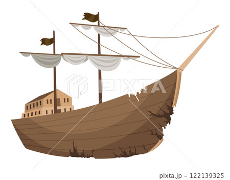 Broken ship icon. Cartoon wooden battered ship with tattered board after wreck or attack. Destroyed, wreck ship isolated on white background Broken ship icon. Cartoon wooden battered ship with tattered board after wreck or attack. Destroyed, wreck ship isolated on white background 122139325