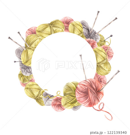 Balls of yarn threads with knitting needles wreath. Watercolor hand drawn illustration. Realistic skeins of string grey, yellow pink coloured. Hobby knitting circular frame. isolated from background 122139340