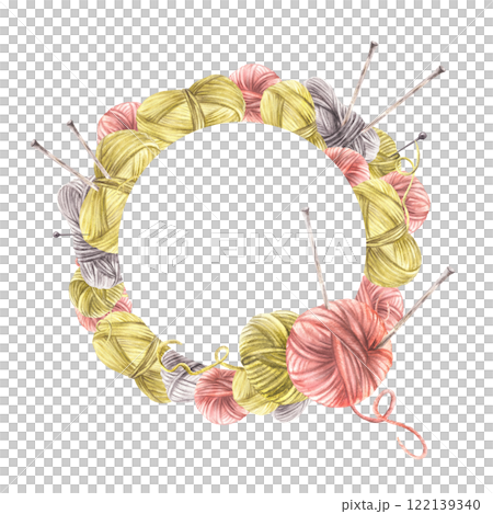 Balls of yarn threads with knitting needles wreath. Watercolor hand drawn illustration. Realistic skeins of string grey, yellow pink coloured. Hobby knitting circular frame. isolated from background 122139340
