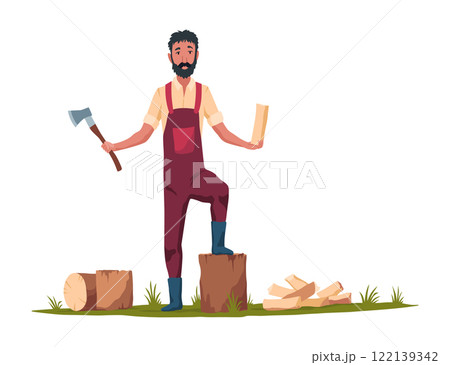 A skilled lumberjack with his trusty axe situated in a beautifully depicted forest setting A skilled lumberjack with his trusty axe situated in a beautifully depicted forest setting 122139342