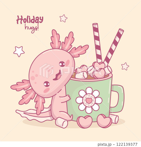 Cute Axolotl with festive cup Hot Cocoa with Marshmallows, hearts and striped candy. Smiling funny little cartoon kawaii character. Vector illustration. Holiday card. Kids collection. 122139377
