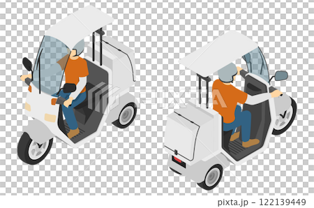 Isometric illustration: Set of men delivering by courier bike Isometric illustration: Set of men delivering by courier bike 122139449