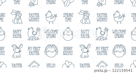 Easter hand-drawn doodle and lettering seamless pattern Easter hand-drawn doodle and lettering seamless pattern 122139541
