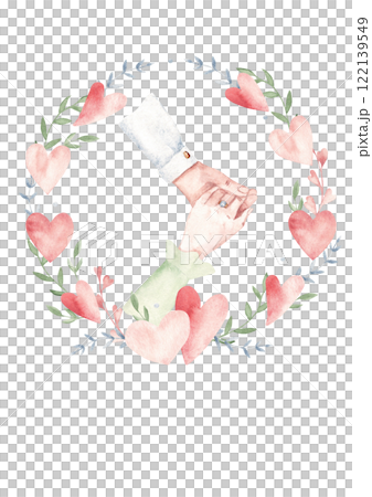 Valentine's day, Wedding or Save the date card template with Couple holding hands, Hearts and tender Branches. Hand drawn watercolor Love and Romantic illustration for cards, invitations and cover 122139549