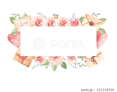 Valentine's horizontal Frame with craft Envelopes, vintage Letters, Present and a pink Hearts and Roses. Diamond Engagement Ring. Watercolor hand drawn illustration in pastel colors isolated on a 122139550