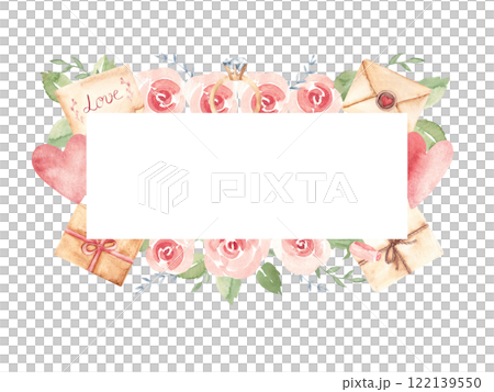 Valentine's horizontal Frame with craft Envelopes, vintage Letters, Present and a pink Hearts and Roses. Diamond Engagement Ring. Watercolor hand drawn illustration in pastel colors isolated on a 122139550