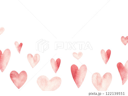 Valentines Day or Wedding Horizontal frame, border with pink and red Hearts. Happy holiday love background. Hand drawn Watercolor festive illustration. For Romantic Cards, Mother's Day, invitations 122139551