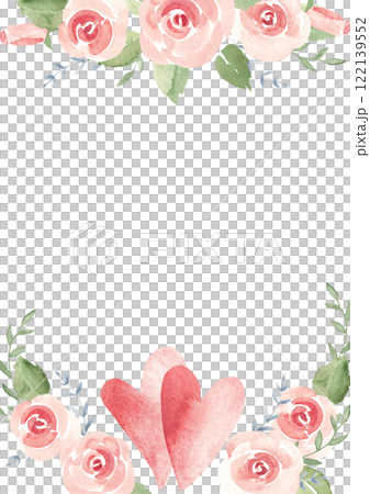 Valentines Day, Wedding Square vertical Frame, Border. Card Template with Couple of Hearts and Pink Roses and Branches. Simple painting isolated on a white background. Love and Romantic illustration 122139552