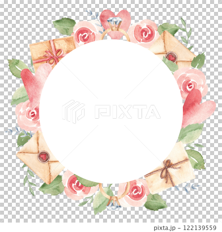Valentine's Day Circle Frame with craft Envelopes, vintage Letters, Present and a pink Hearts and Roses. Diamond Engagement Ring. Watercolor hand drawn illustration in pastel colors isolated on a 122139559
