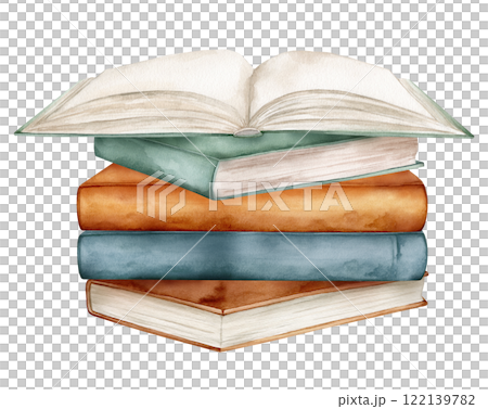 Set of books watercolor illustration isolated on white background. Open books brown green colors. Stack of books clipart. Vintage old textbooks watercolor hand drawn. minimalist style design Set of books watercolor illustration isolated on white background. Open books brown green colors. Stack of books clipart. Vintage old textbooks watercolor hand drawn. minimalist style design 122139782
