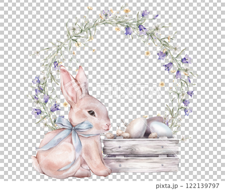 Happy Easter card with watercolor cute rabbits or bunny with light blue bow, paint eggs, willow and wreath of yellow buttercup and little flower violet bluebell. Easter watercolor posters pastel color 122139797