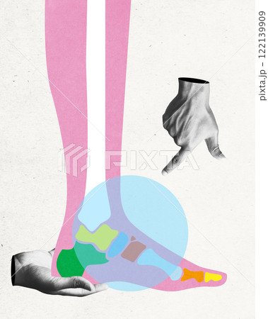 Stylized illustration of foot with highlighted anatomical bones, supported by hand. Orthopedic care themes. Conceptual art design. 122139909