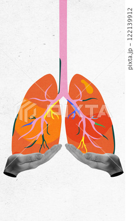 Creative medical illustration of lungs with vibrant colors, supported by grayscale hands. Conceptual art design. Creative medical illustration of lungs with vibrant colors, supported by grayscale hands. Conceptual art design. 122139912