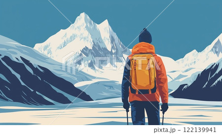 Traveler with a backpack standing in front of a snowy mountain landscape 122139941