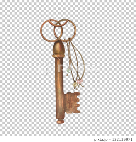 Watercolor vintage antique bronze key with with string illustration. Shabby rusty texture element, rope with beads with hand drawn composition for Valentine day, wedding card, retro design 122139971